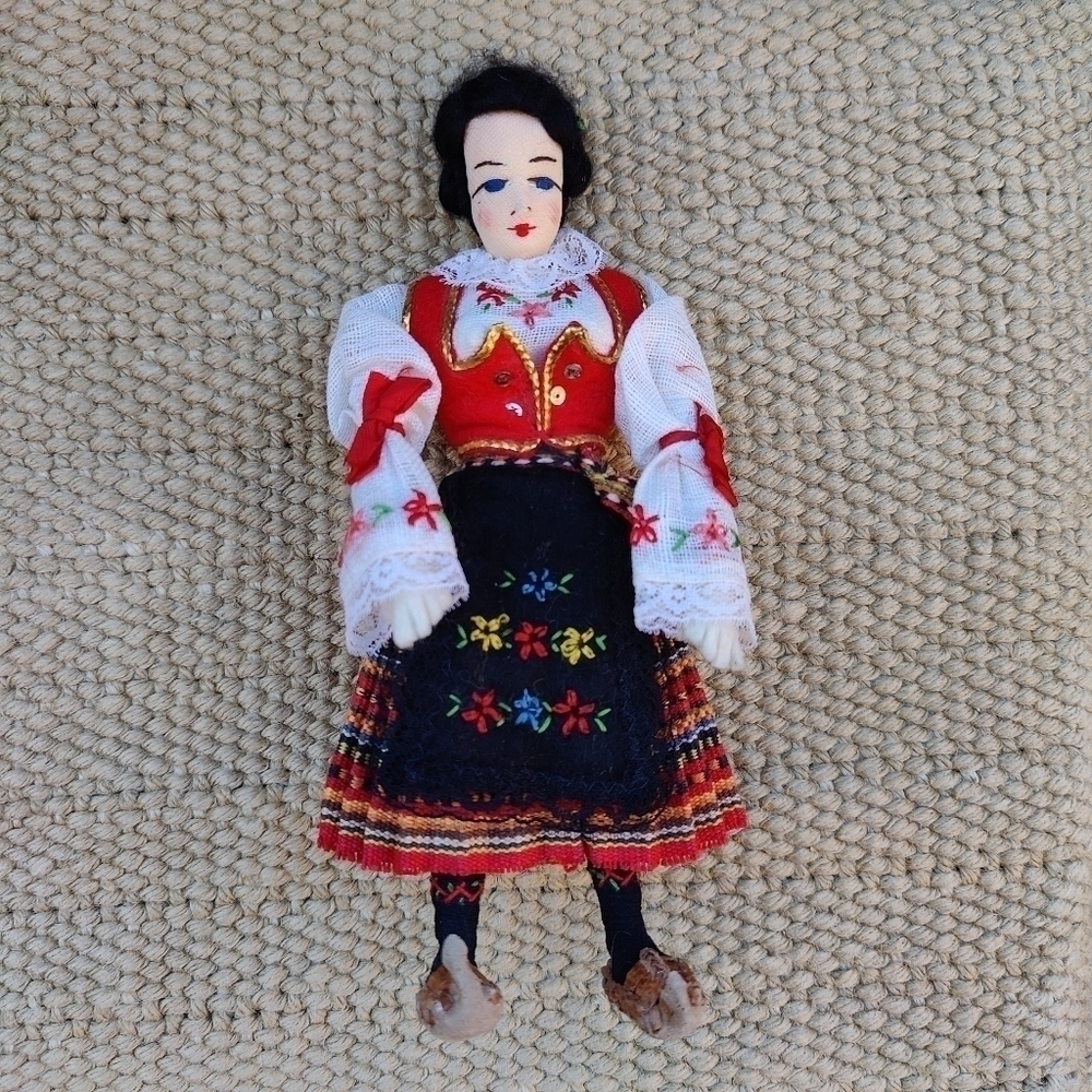 VTG 70's Italian German Handmade Embroidered 8" Souvenir Folk Doll Black Hair
